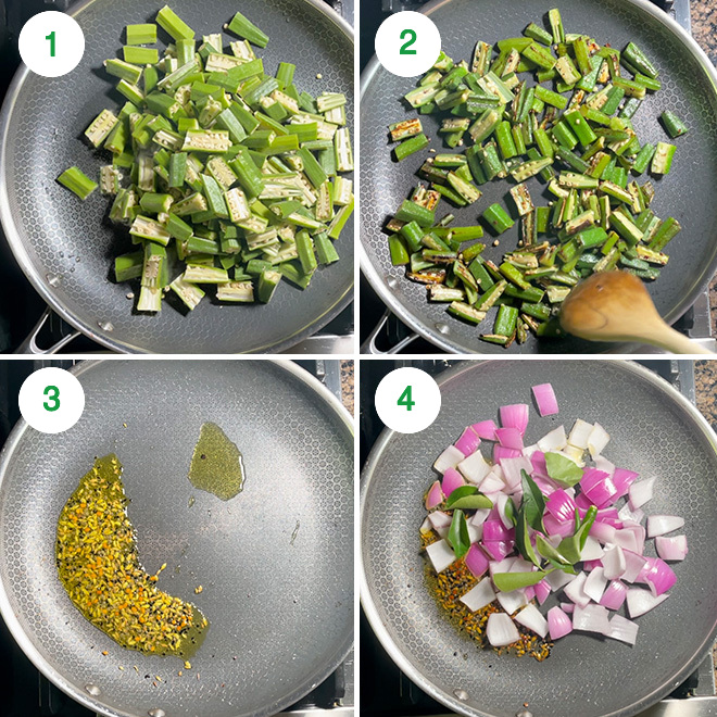 step by step picture collage of making achari bhindi