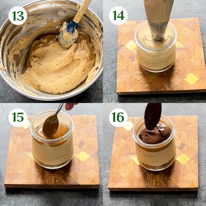 collage of making biscoff pudding jars