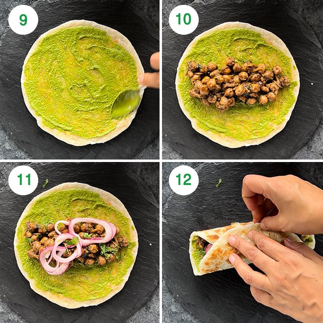 step by step picture collage of making chana kathi rolls