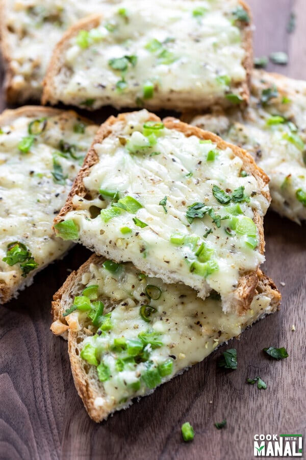 chilli cheese toasts stacked on top of each other