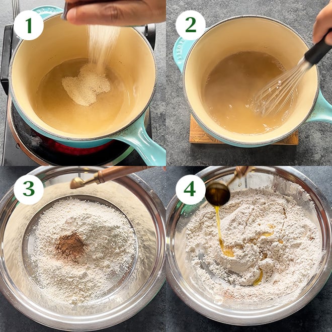 step by step picture collage of making cinnamon sugar shakarpara