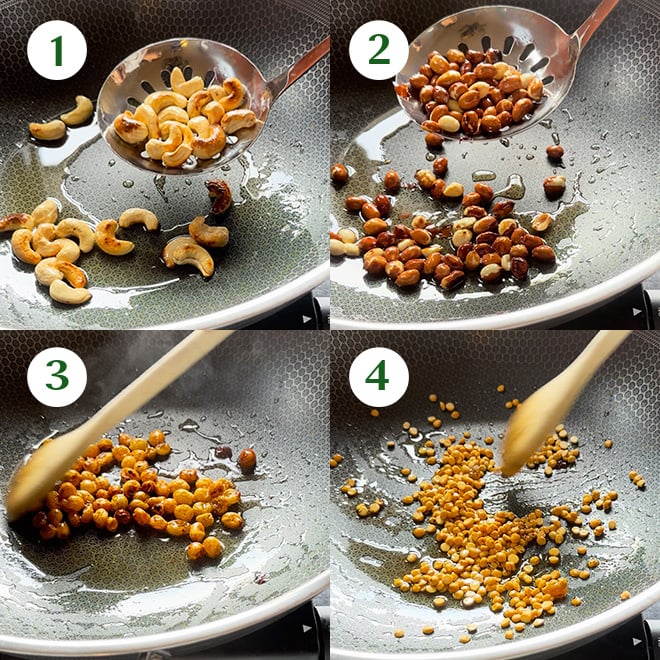 step by step picture collage of making cornflakes chivda