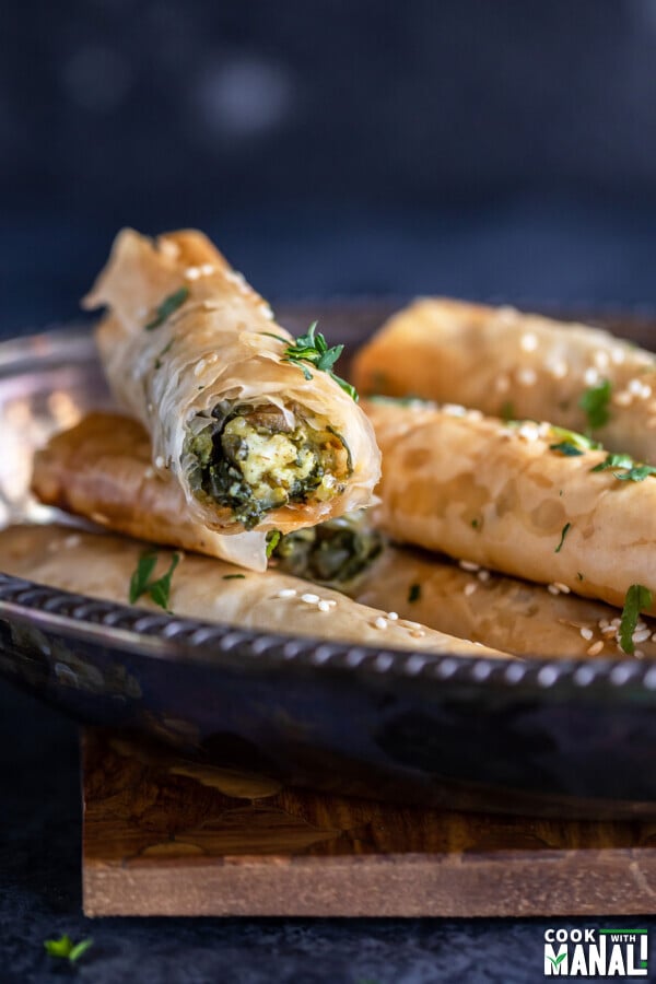phyllo dough rolls filled with a paneer and spinach filling