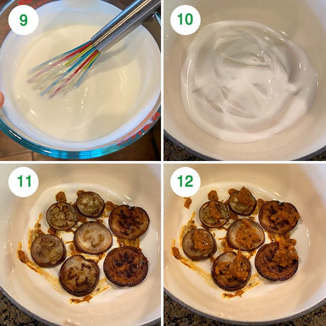 step by step picture collage of making dahi baingan 