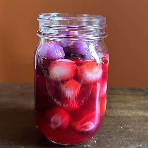pickled pearl onions in a mason jar