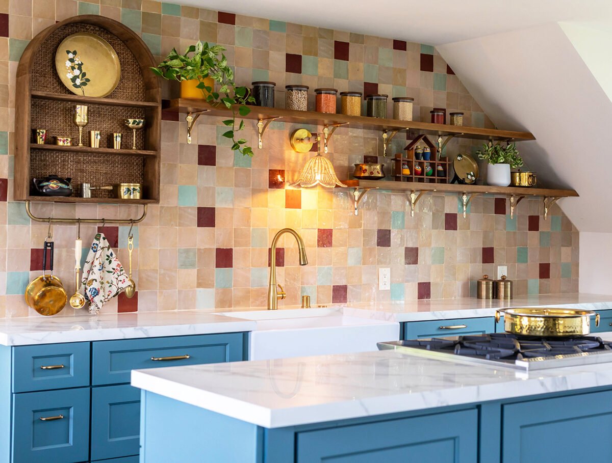 kitchen with colorful tiles and wooden shelves
